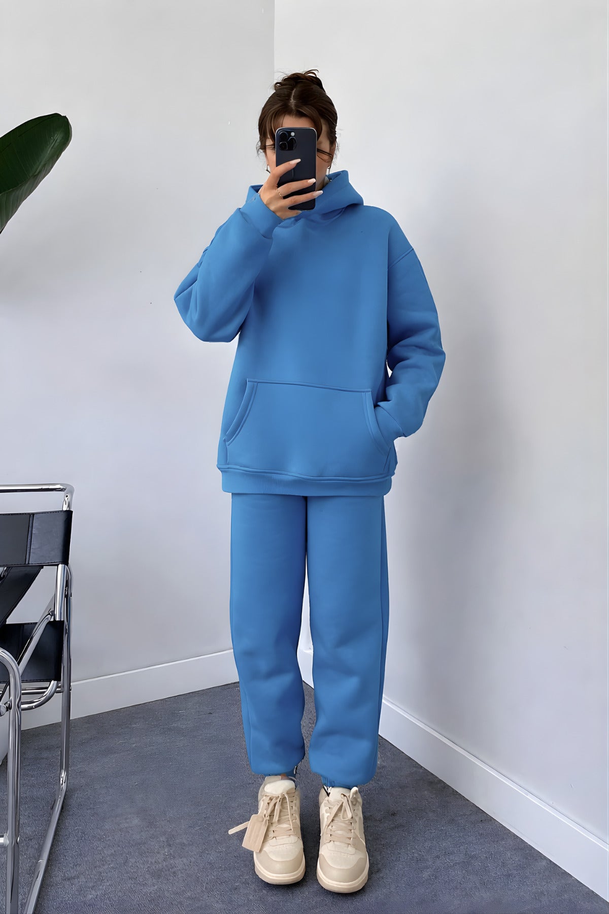 Kadın Oversize Trend Model Kanguru Cep Kapşonlu Sweatshirt Eşofman Takımı - Turkuaz - 2