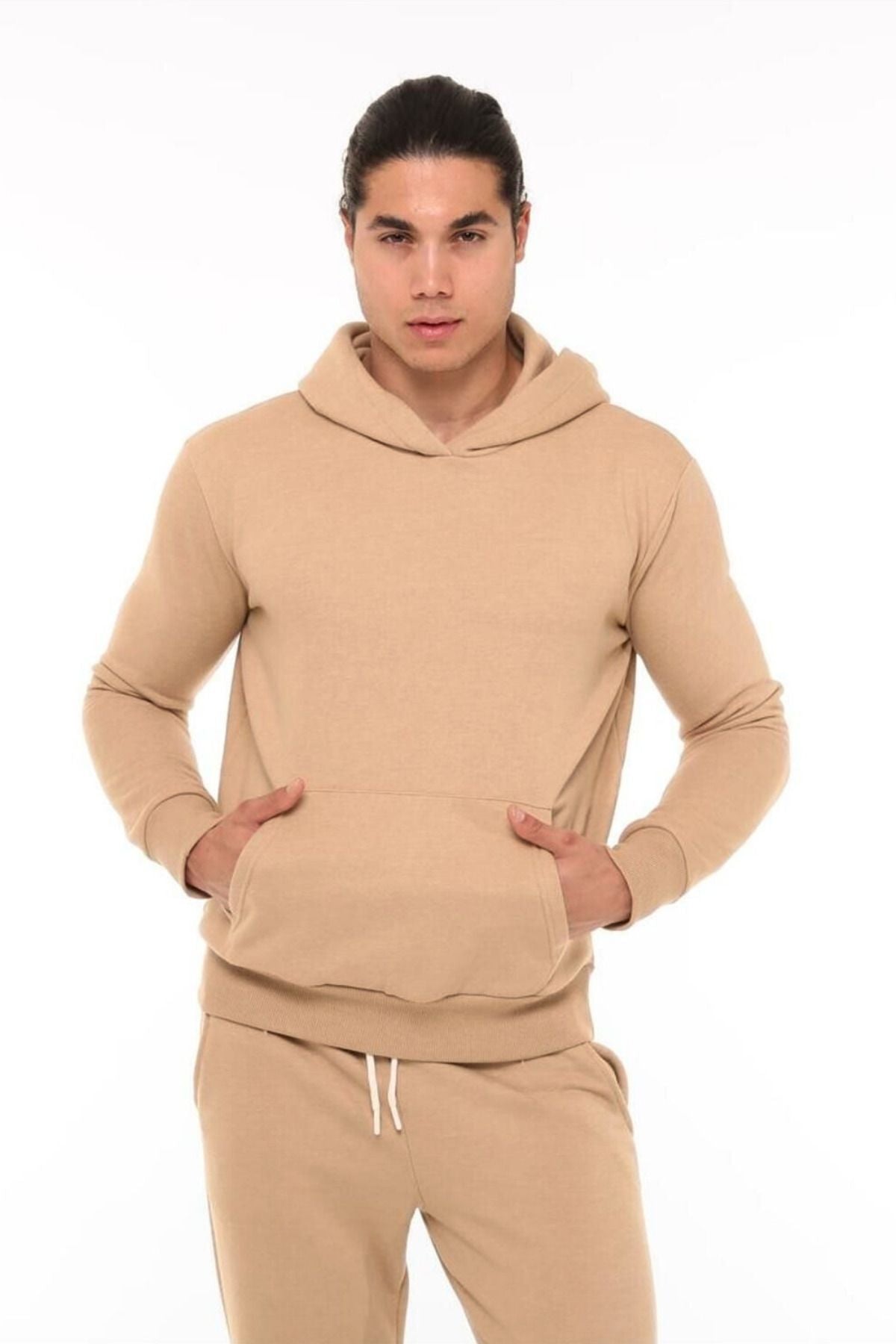 Erkek 3 İ̇pli̇k Kapşonlu Kanguru Cep 3 İ̇pli̇k Şardonlu Sweatshi̇rt - Vizon - 1