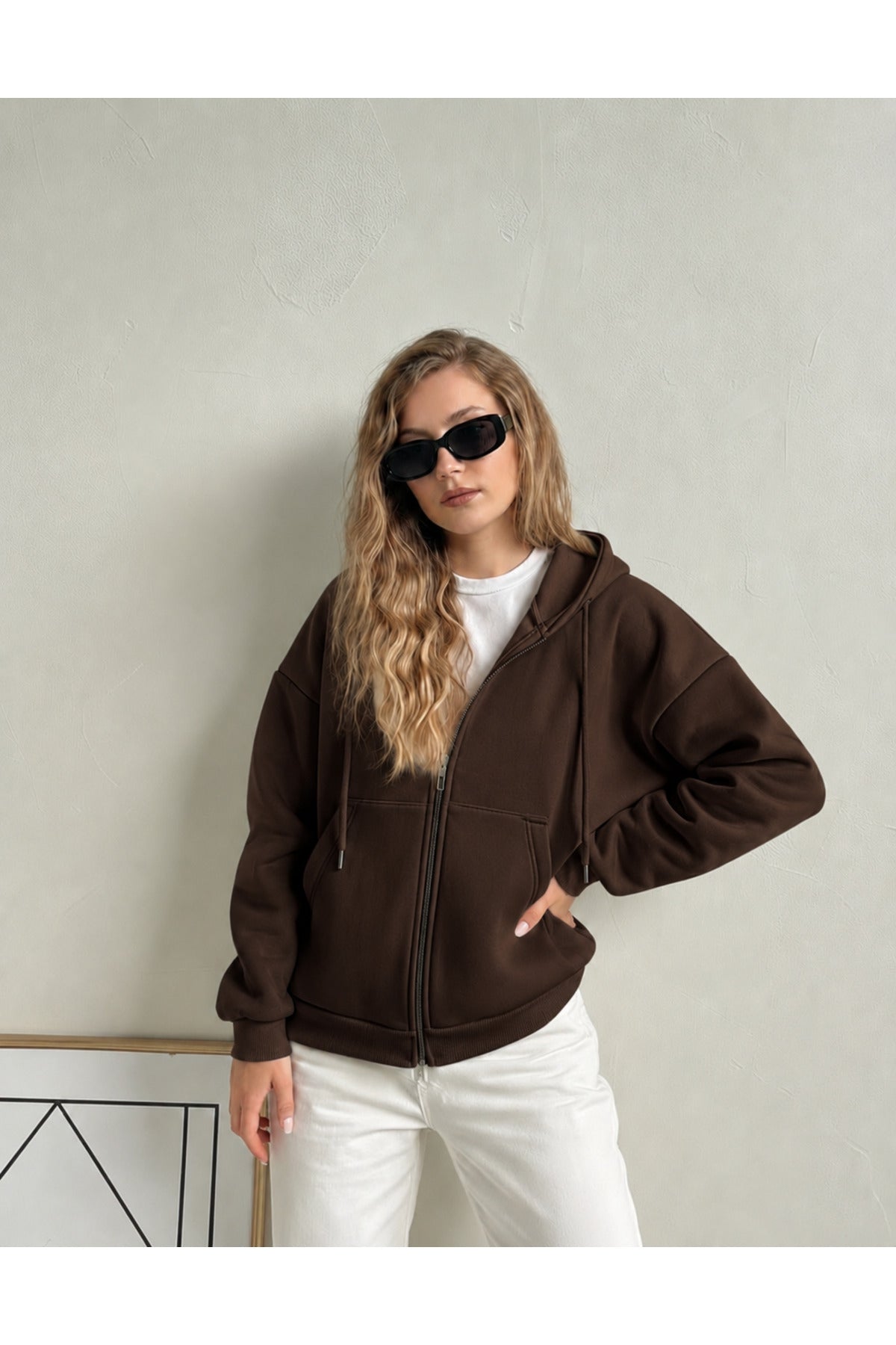 Kadin 3 İ̇pli̇k Kapüşonlu Fermuarli Oversi̇ze Sweatshirt Hirka - Kahverengi - 1