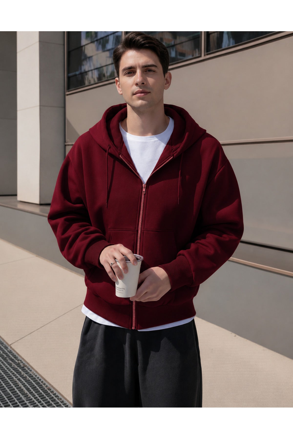 Erkek 3 İ̇pli̇k Fermuarli Kapüşonlu Oversi̇ze Rahat Sweatshirt Hirka - Bordo - 1