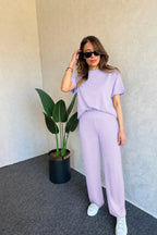 Modal Kumaş Kısa Kollu T-shirt & Pantolon Takımı - Lila - 2