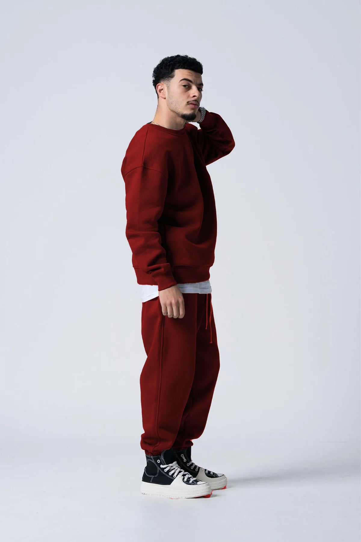 Basic Erkek Bisiklet Yaka Sweat Ve Eşofman Takım - Bordo - 3