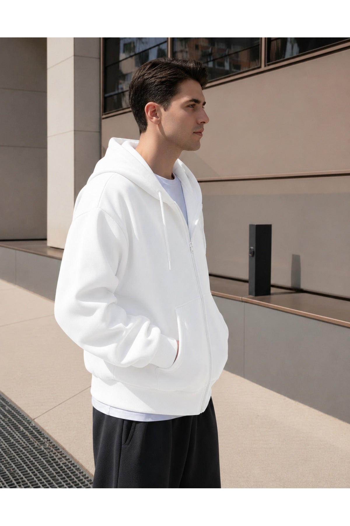 Erkek 3 İ̇pli̇k Fermuarli Kapüşonlu Oversi̇ze Rahat Sweatshirt Hirka - Beyaz - 2