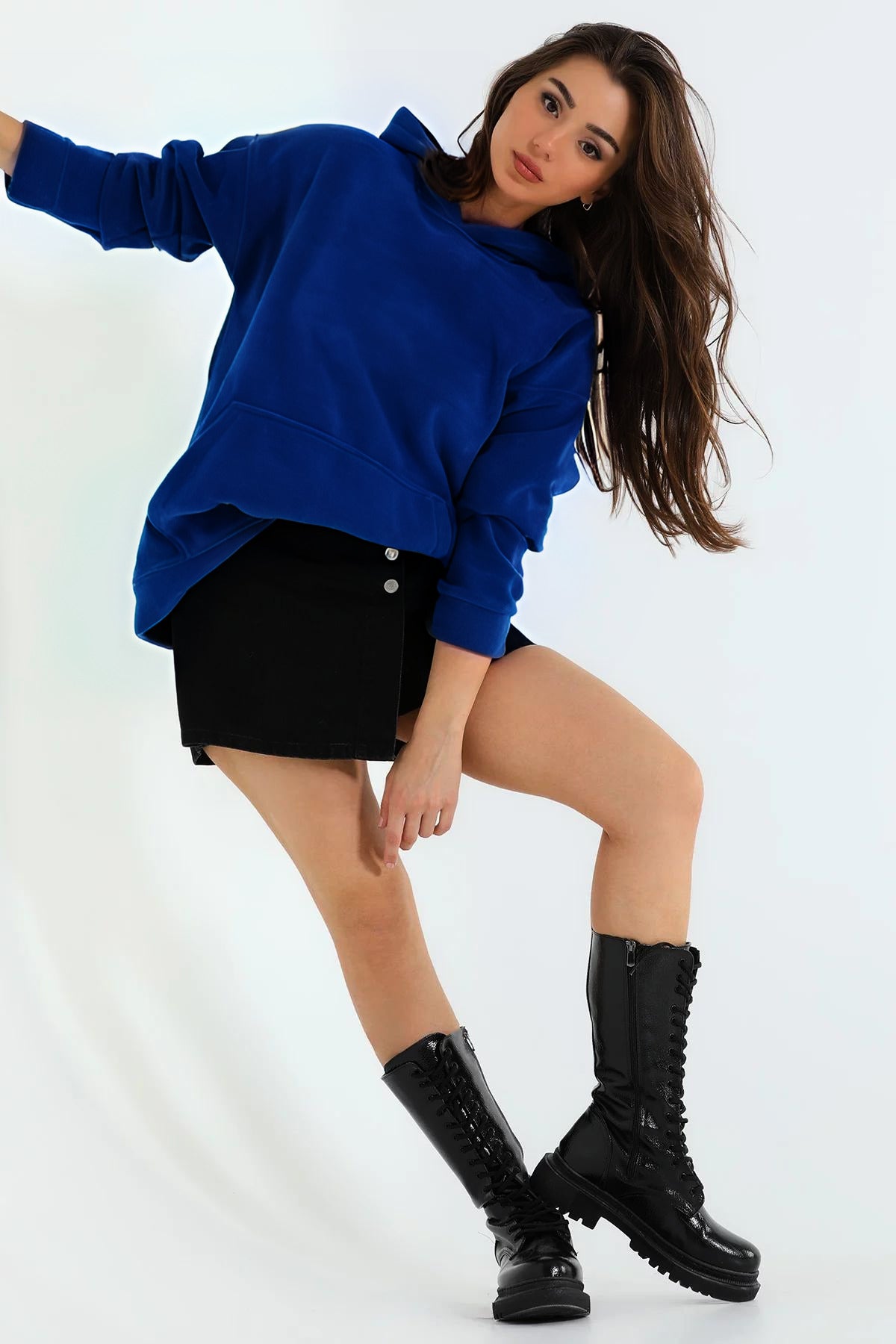 Kadın 3 İ̇plik Kanguru Cep Regular İ̇çi Pamuklu Oversize Okul Sweatshirt - Lacivert - 2