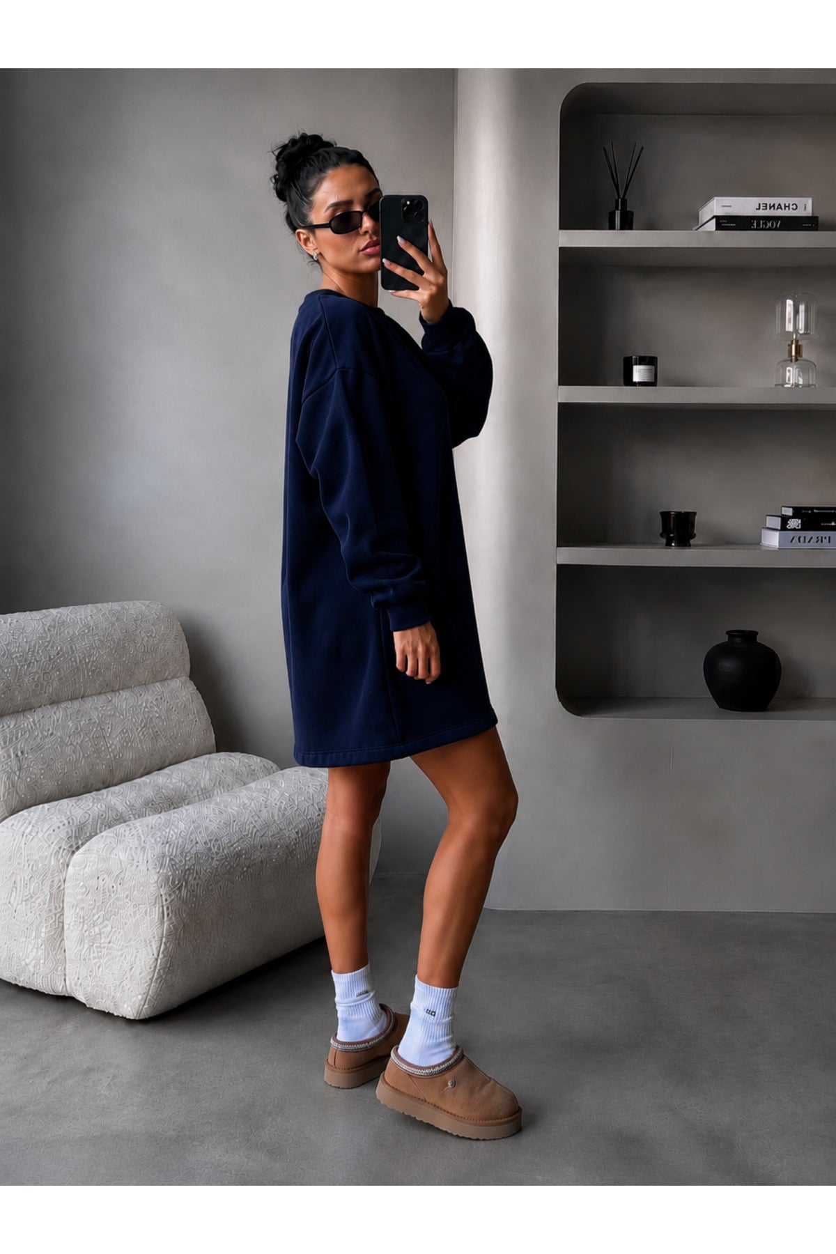 Kadin 3 İ̇pli̇k Yeni̇ Uzun Kollu Bi̇si̇klet Yaka Rahat Sweatshirt Elbi̇se - Lacivert - 2