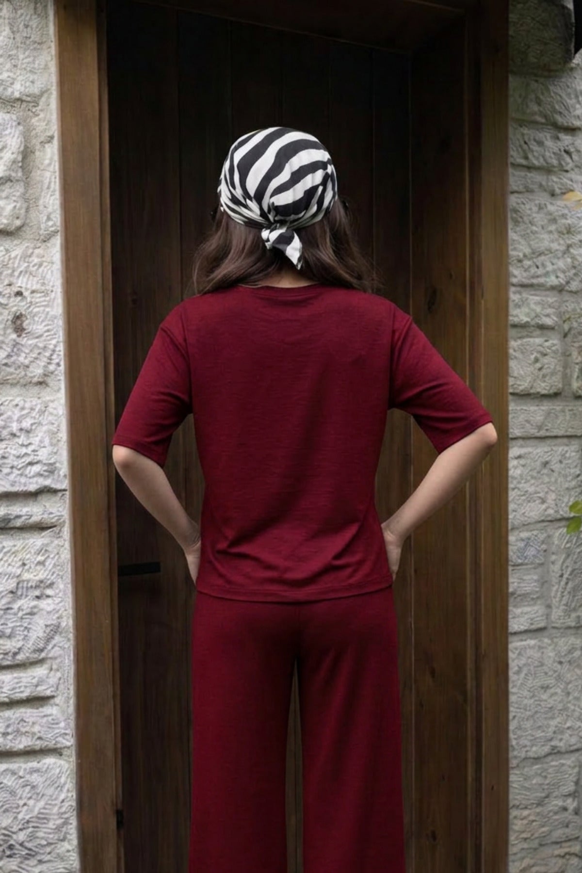 Kadın Trend Model V Yaka Penye Beli Bağcıklı Alt Üst Takım - Bordo - 4