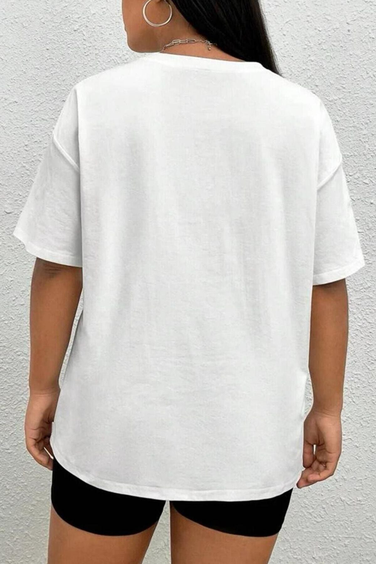 Kadın Kısa Kollu Bisiklet Yaka Tişört Salaş Oversize - Beyaz - 2