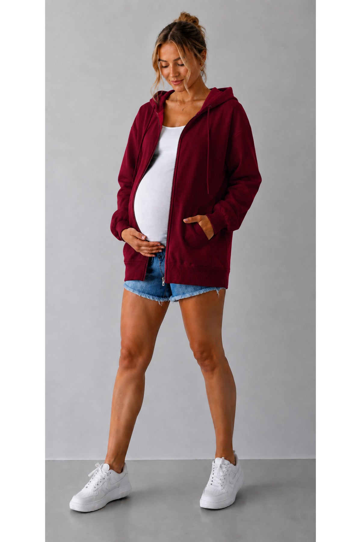 Kadin Hami̇le 3i̇pli̇k Şardonlu Oversi̇ze Kapüşonlu Fermuarli Hirka Sweatshi̇rt - Bordo - 2