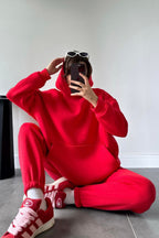 Kadın Oversize Trend Model Kanguru Cep Kapşonlu Sweatshirt Eşofman Takımı - Canlı Kırmızı - 3