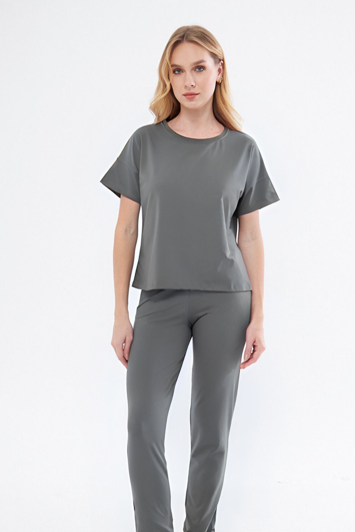 Kadın Basic Yazlık Kısa Kollu Pijama Takımı Oversize - Füme - 1