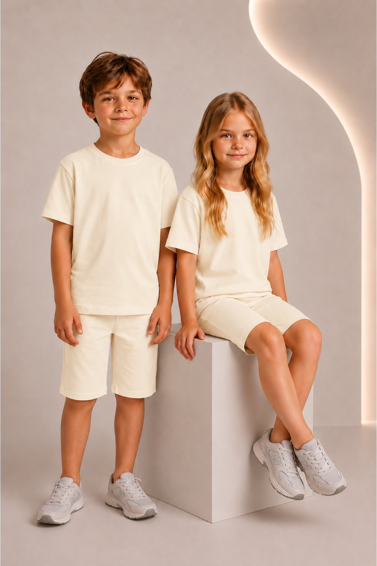 Çocuk Kısa Kollu Baskısız Basic Oversıze Geniş Kalıp Beli Bağlamalı Esnek 1-10 Yaş Arası Yaz Sezonu Sportif T-shirt / Şort Takım - Bej - 4