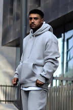 Erkek Oversize 3 İ̇plik Pamuklu Şardonlu Kanguru Cep Kapşonlu Kalın Hoodie Sweatshirt - Gri - 2
