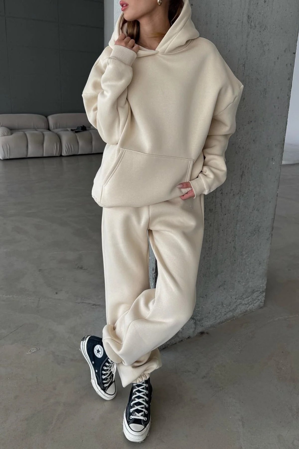 Kadın Paçası Lastikli Jogger Oversize Kışlık Eşofman Takımı - Vizon - 2