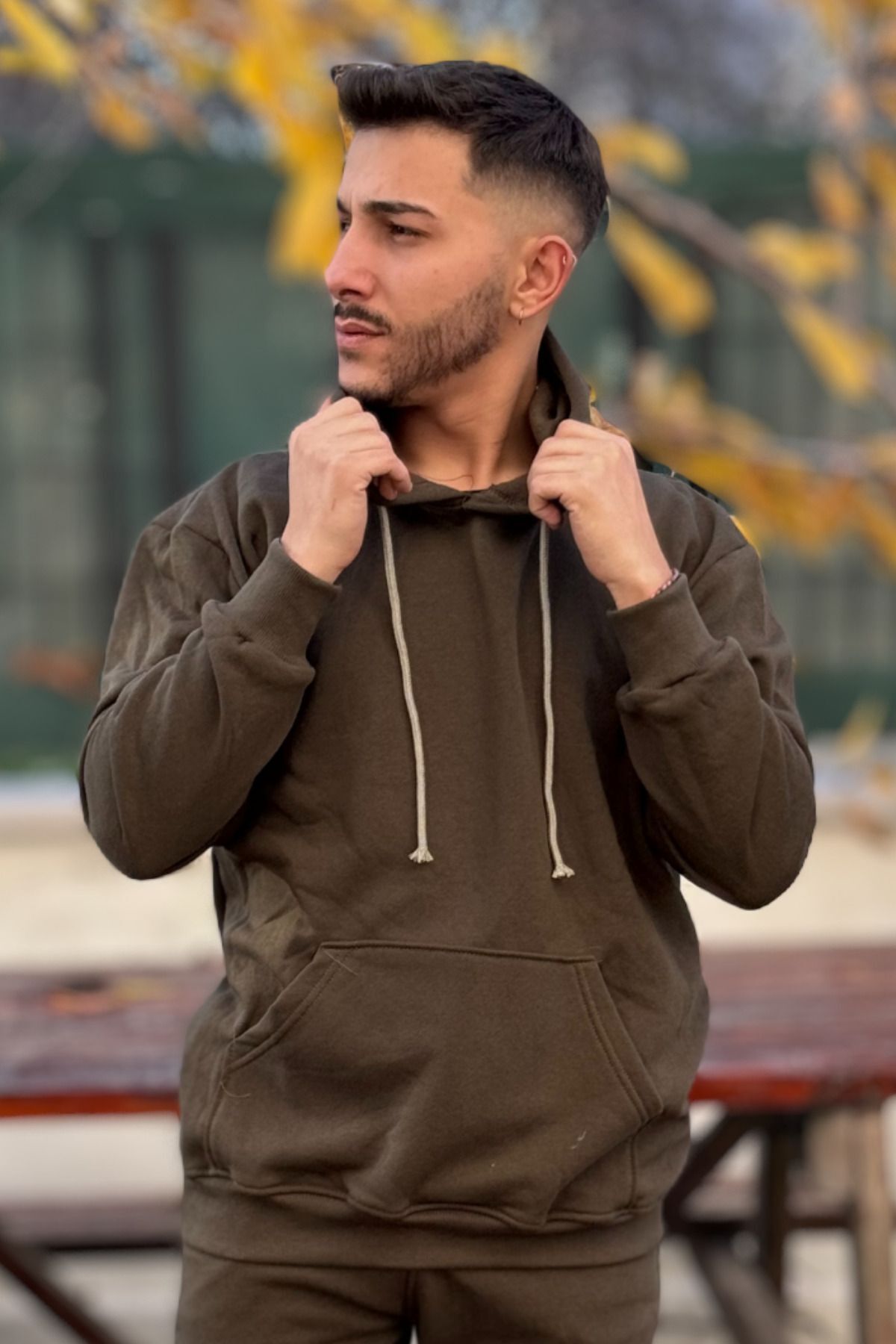Erkek Kapşonlu Kanguru Cepli̇ 3 İ̇pli̇k Oversi̇ze Sweatshi̇rt - Haki - 2