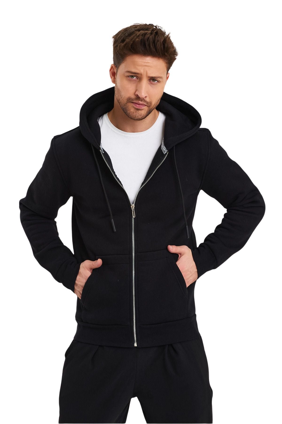 Unisex Si̇yah Tam Fermuarlı Hırka Sweatshirt Kapşonlu Kanguru Cepli Kadın Erkek - Siyah - 4