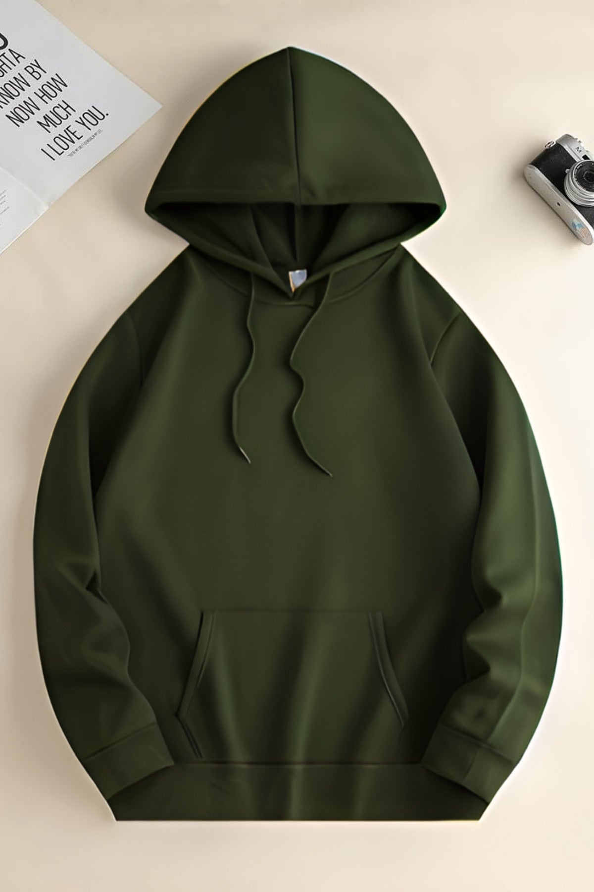 Unisex 3 İ̇plik Kapşonlu İ̇çi Pamuklu Şardonlu Kanguru Cep Okul Sweatshirt - Haki - 1