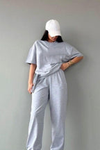 Kadın Kısa Kollu Pijama Takımı Bisiklet Yaka Salaş Tok Kumaş - Gri - 1