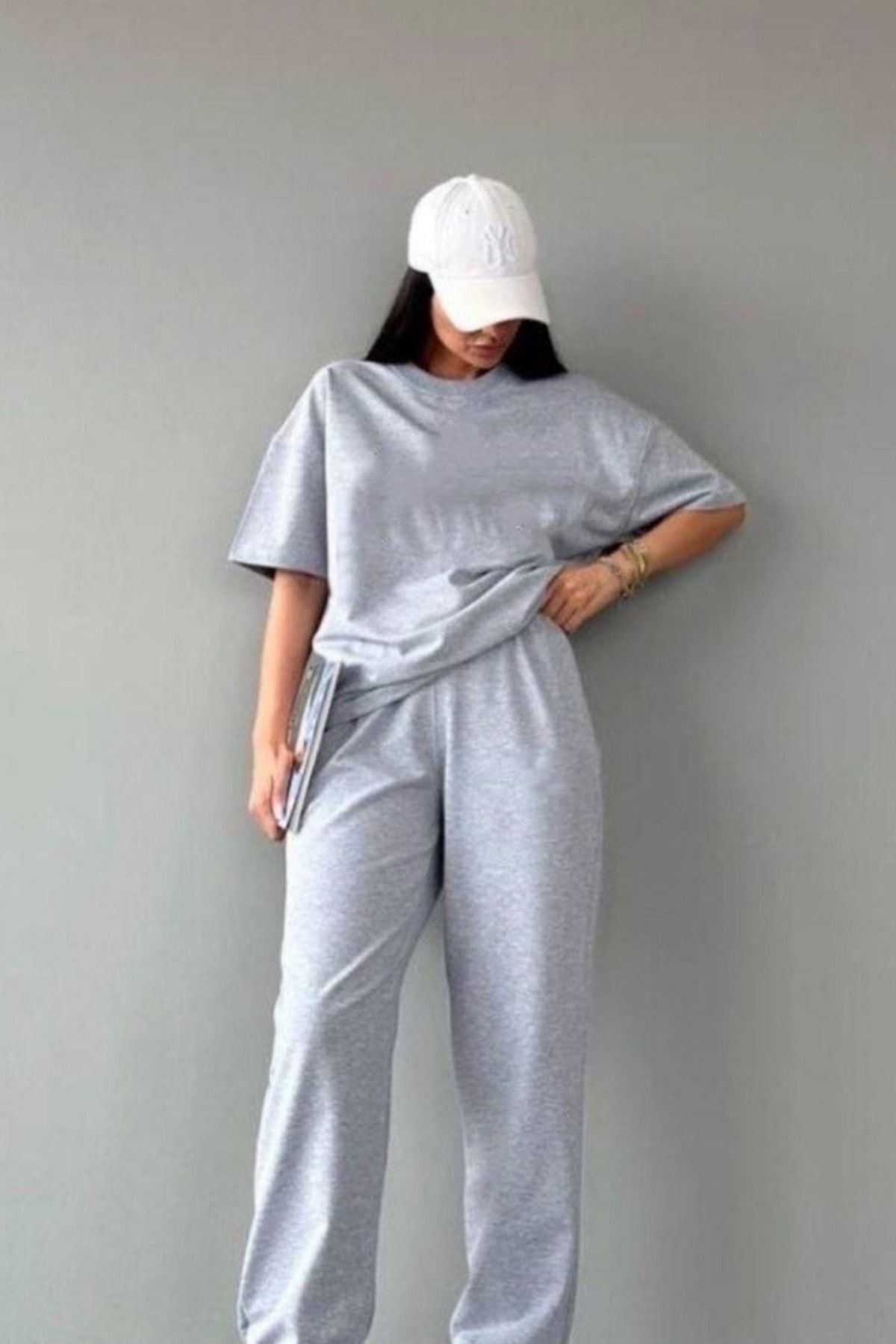 Kadın Kısa Kollu Pijama Takımı Bisiklet Yaka Salaş Tok Kumaş - Gri - 1