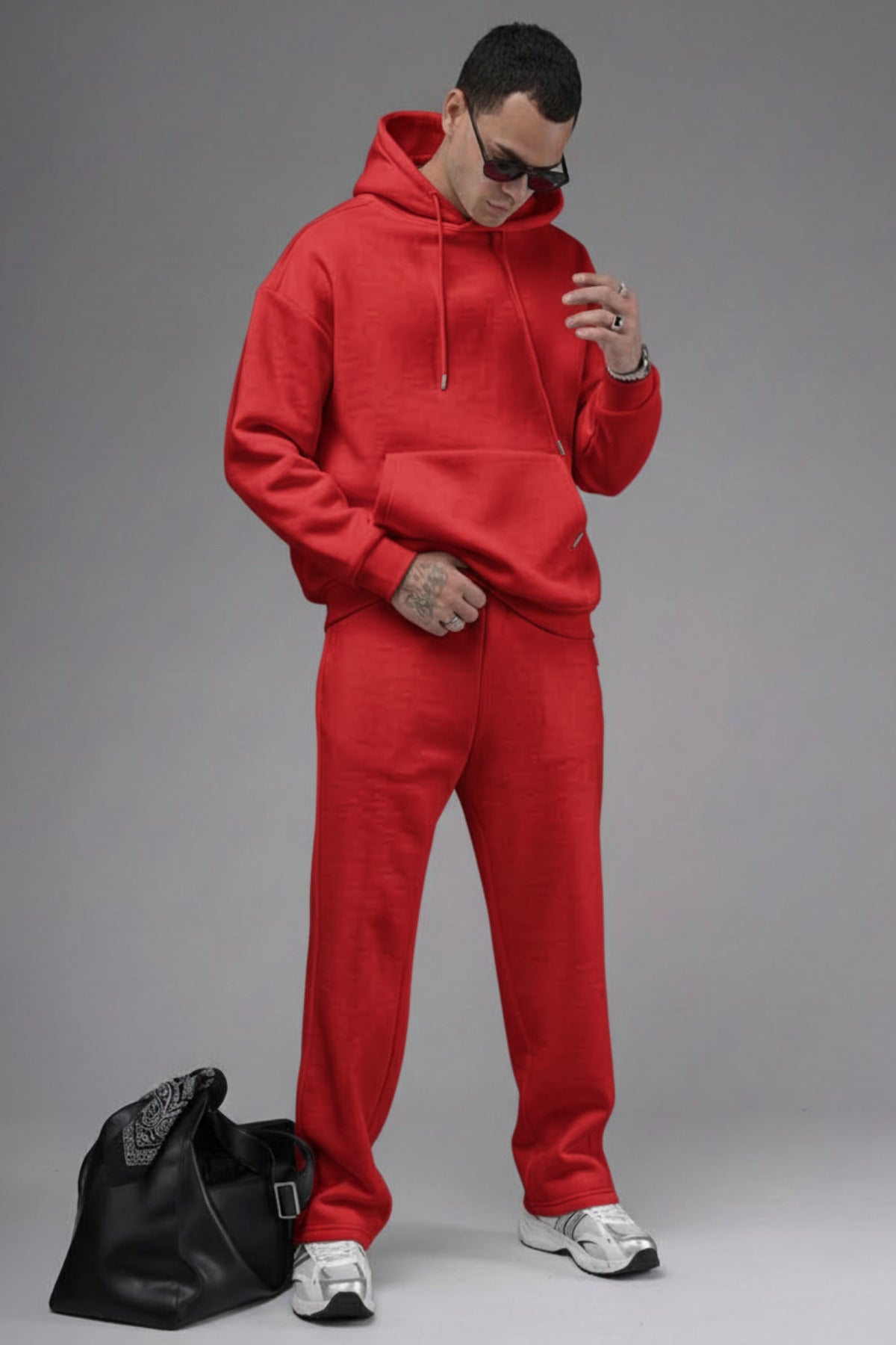 Erkek Baggy Geniş Paça Beli Lastikli Geniş Kesim Kışlık Eşofman Takımı - Kırmızı - 1