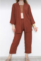 Kadın Camel Alt Üst Kimono Takım Yazlık İnce Dökümlü Elbise - camel b1 - 1