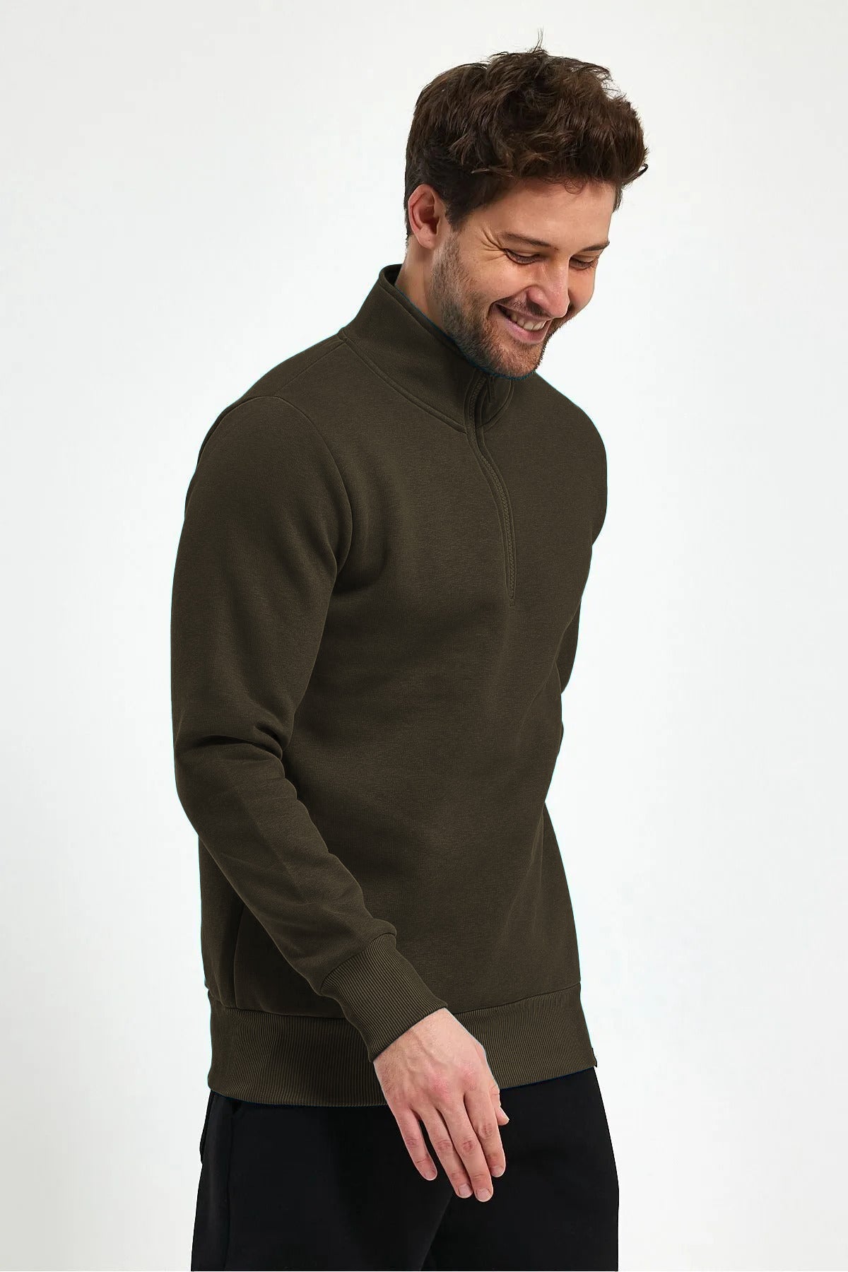 Erkek Yarım Fermuar Dik Yaka Uzun Kollu 3 İ̇plik Sweatshirt - Haki - 2
