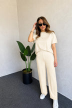 Modal Kumaş Kısa Kollu T-shirt & Pantolon Takımı - Bej - 2