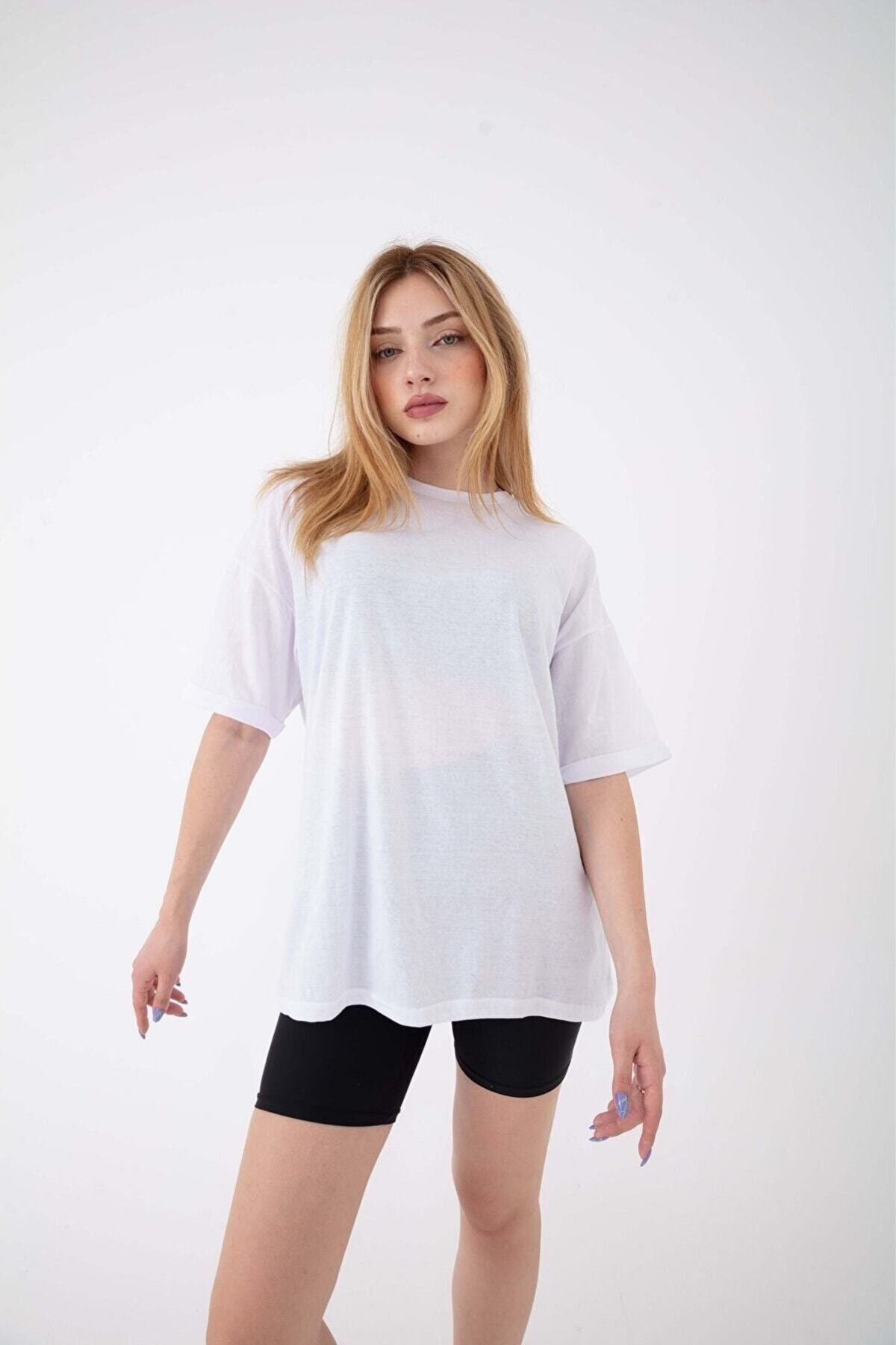Kadın Oversize Kısa Kollu Bisiklet Yaka Tişört - Beyaz - 2