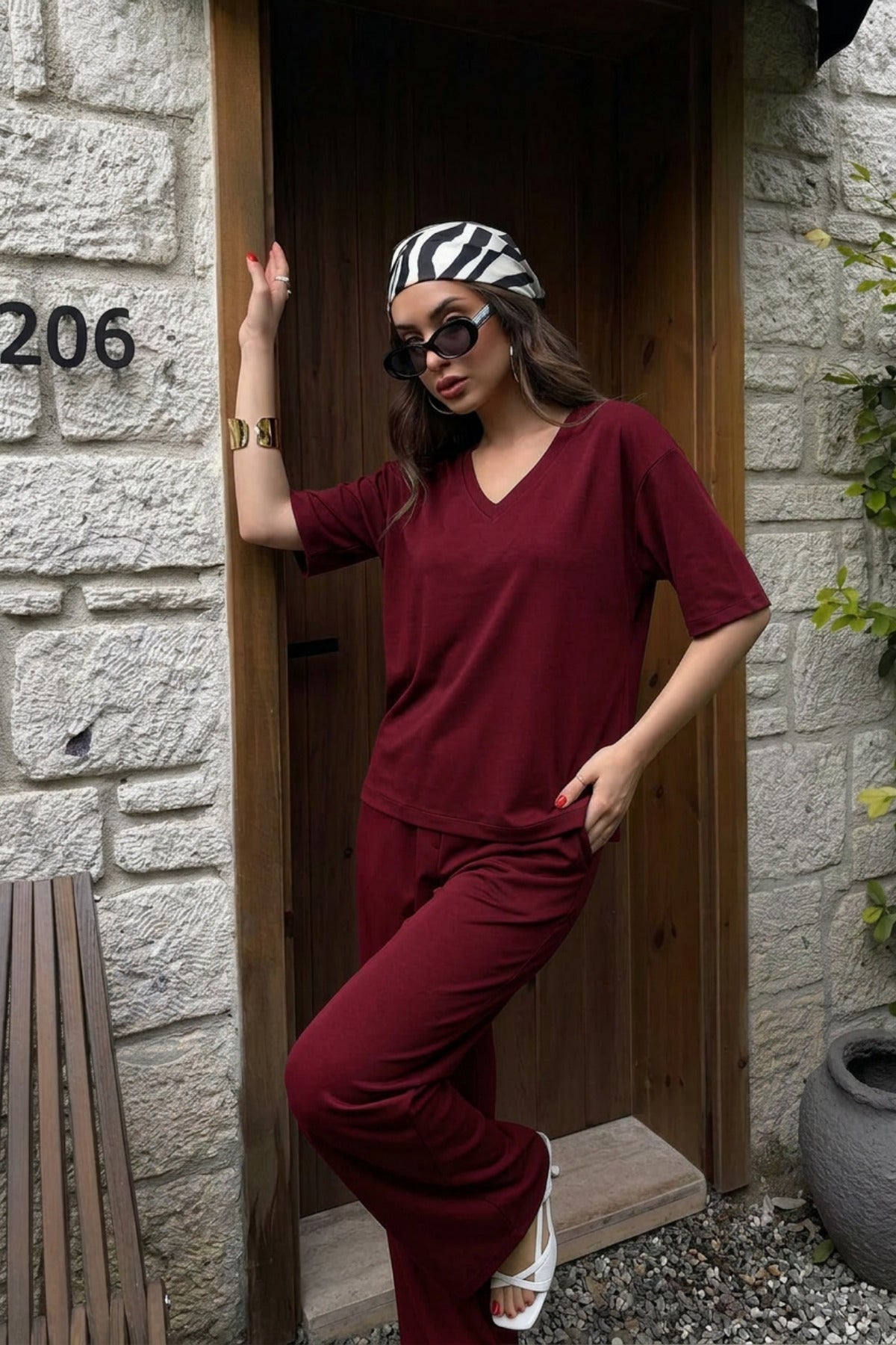 Kadın Trend Model V Yaka Penye Beli Bağcıklı Alt Üst Takım - Bordo - 1