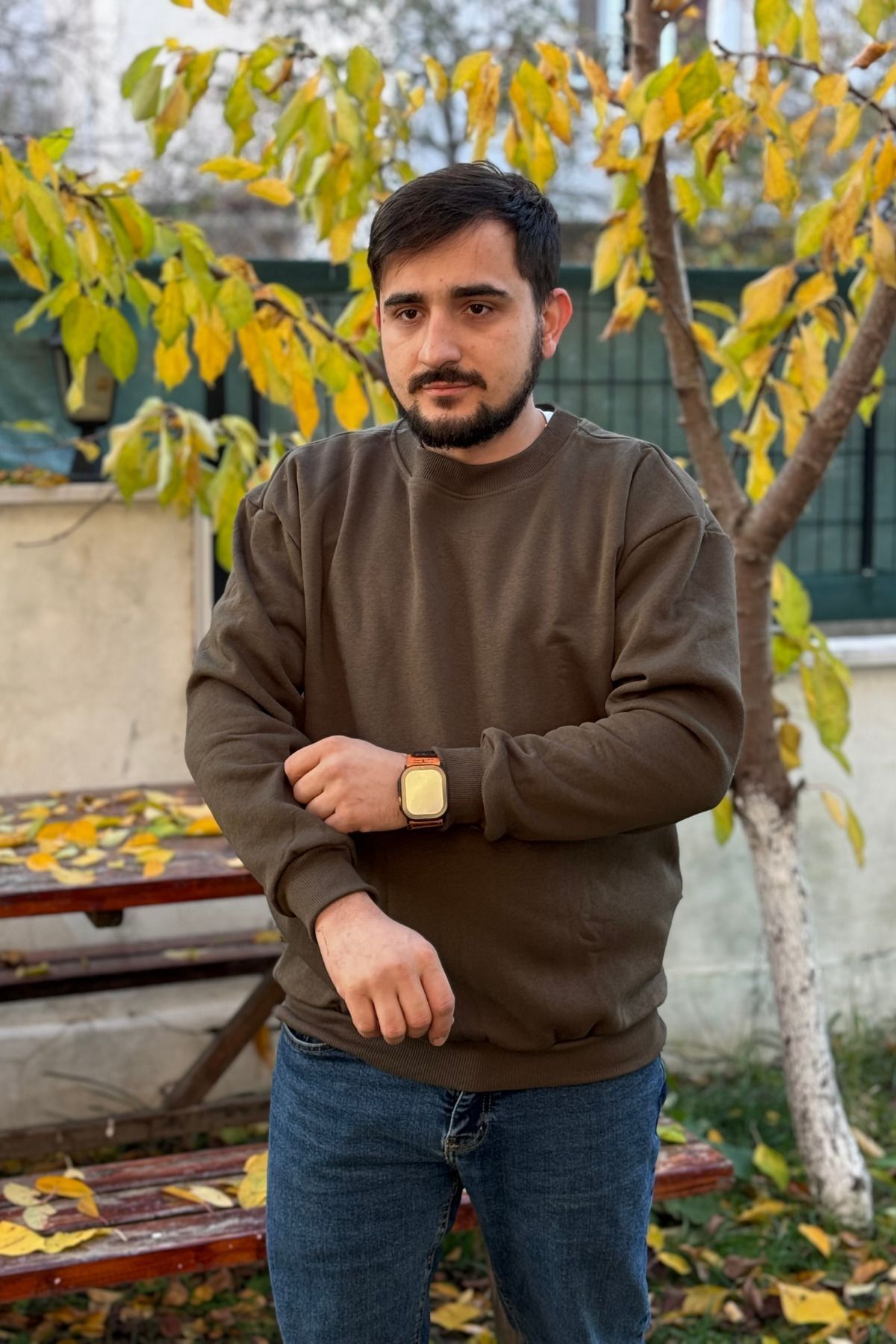 Erkek Haki Bisiklet Yaka İçi Polarlı 3 İplik Pamuklu Regular Fit Unisex Sweatshirt - Haki - 1
