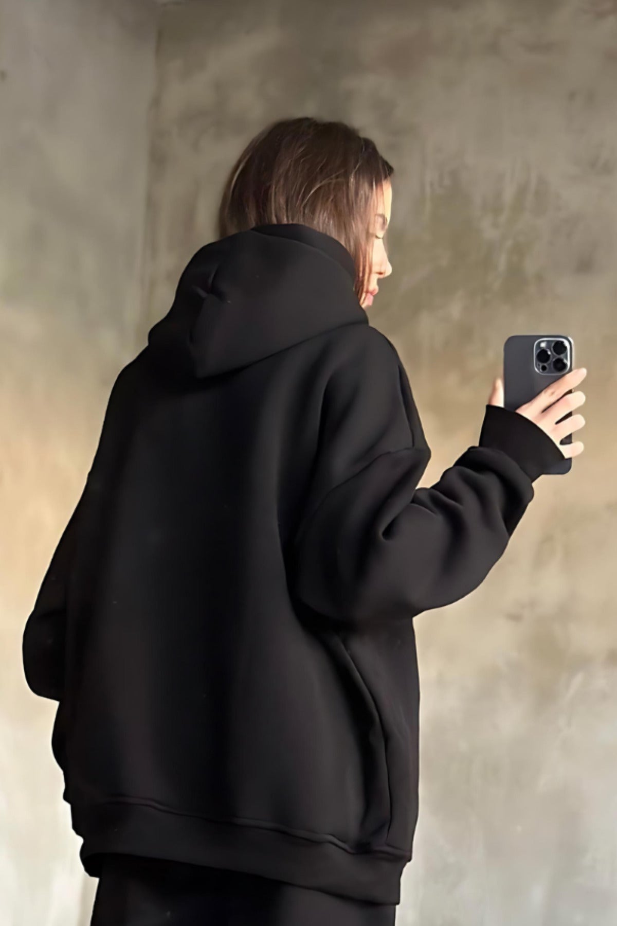 İ̇çi Pamuklu Bol Kalıp Sweatshirt - Siyah - 1