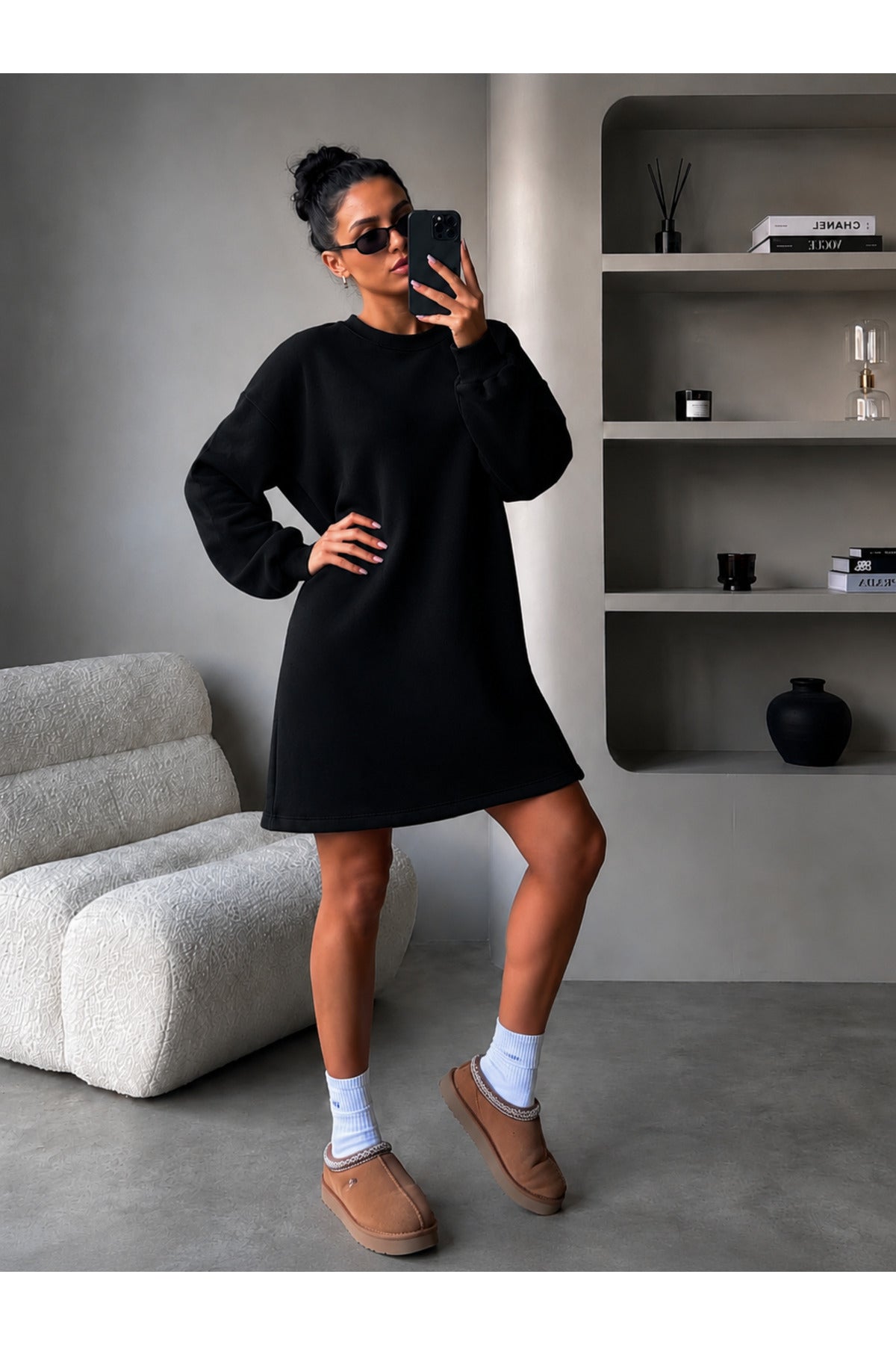 Kadin 3 İ̇pli̇k Yeni̇ Uzun Kollu Bi̇si̇klet Yaka Rahat Sweatshirt Elbi̇se - Siyah - 1