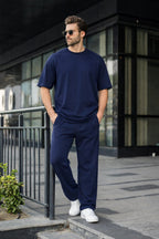 Erkek Basic Oversize Takım Kısa Kollu Penye Konforlu Kombin - Lacivert - 1