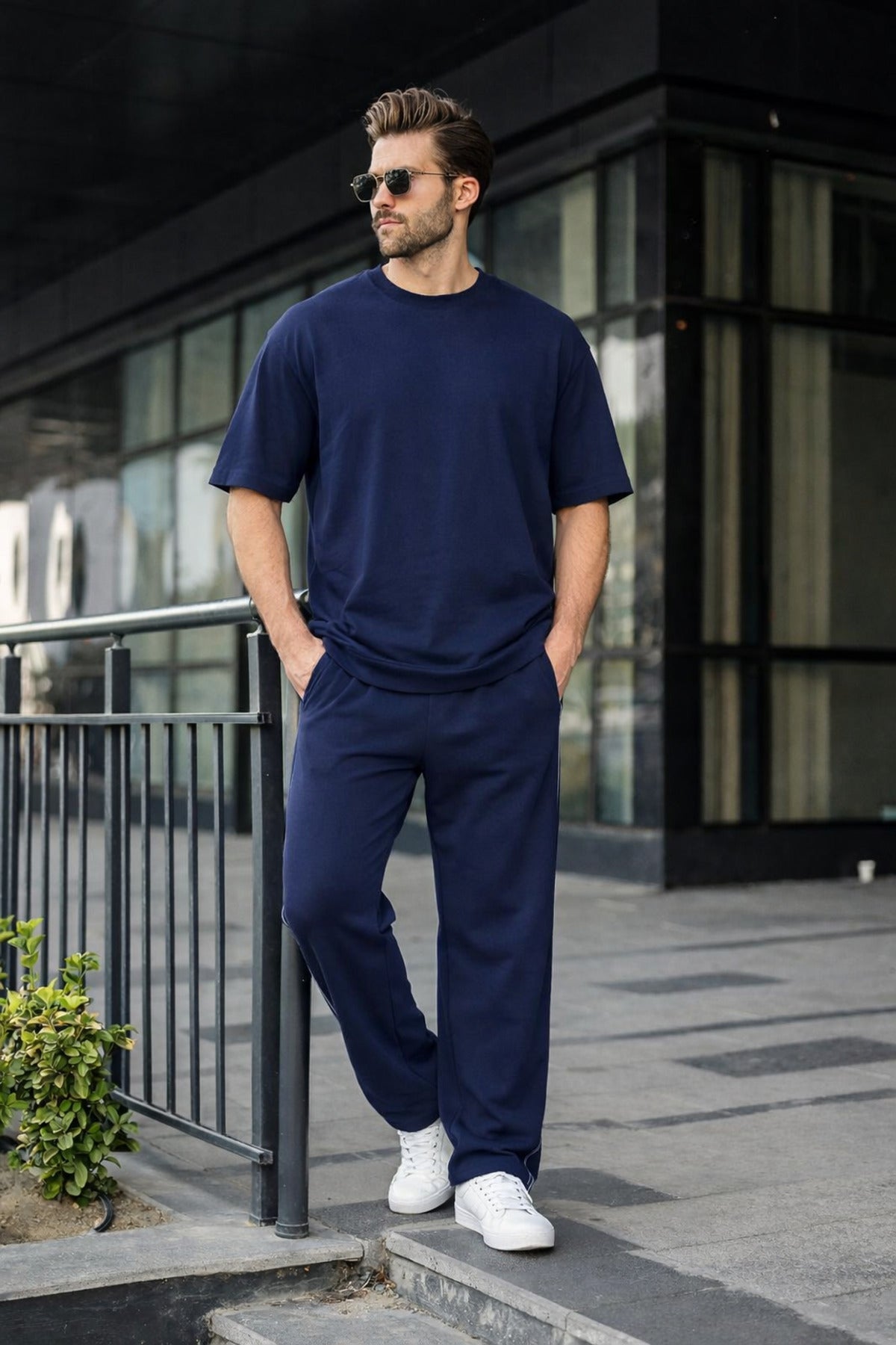 Erkek Basic Oversize Takım Kısa Kollu Penye Konforlu Kombin - Lacivert - 1