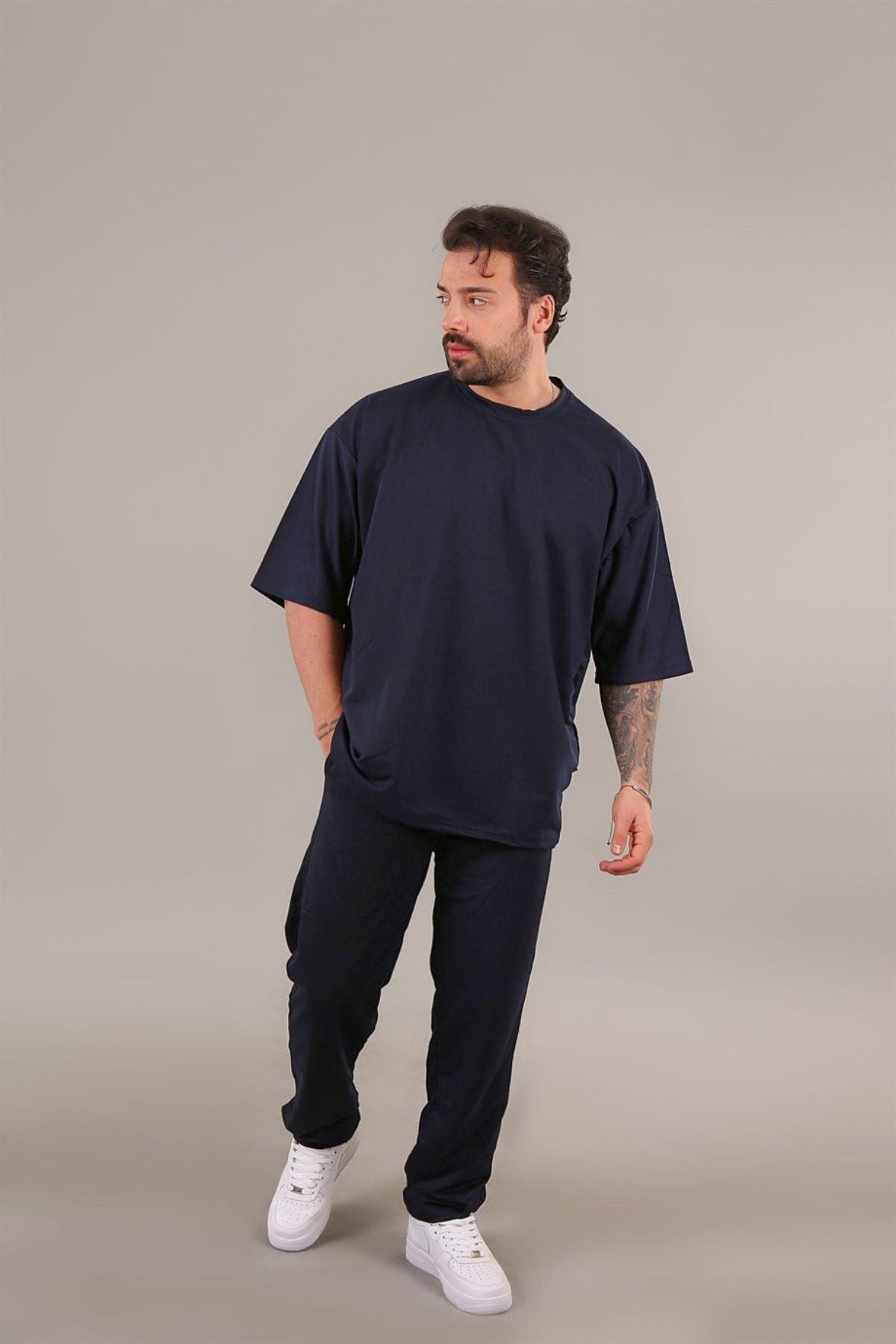 Erkek Oversize Kısa Kollu T-shirt Pijama Takımı - ANTRASİT - 1