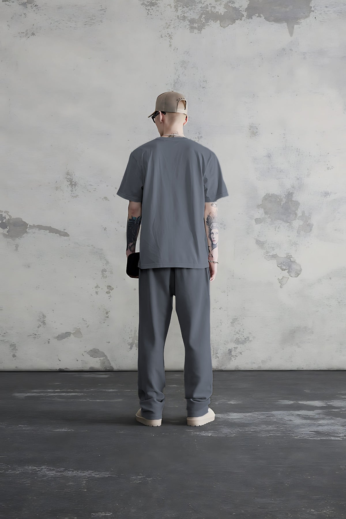 Erkek Oversize Esnek Penye Eşofman Takımı - Füme - 2