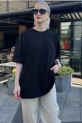 Kadın Oversize Penye Rahat Yazlık Kısa Kollu T-shirt - Siyah - 1