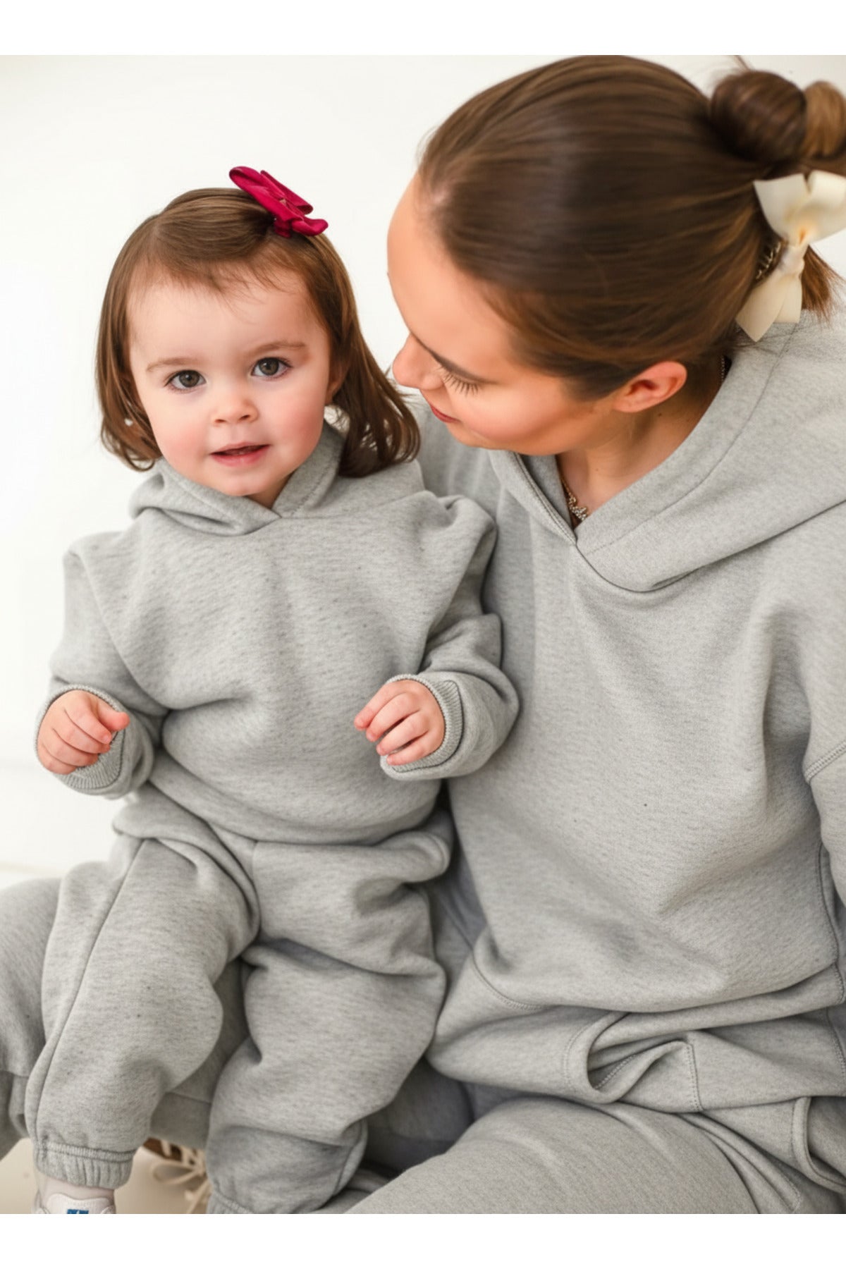 Unisex 3 İ̇pli̇k Şardonlu Oversi̇ze Anne Çocuk Ai̇le Eşofman Takimi - Gri Melanj - 2