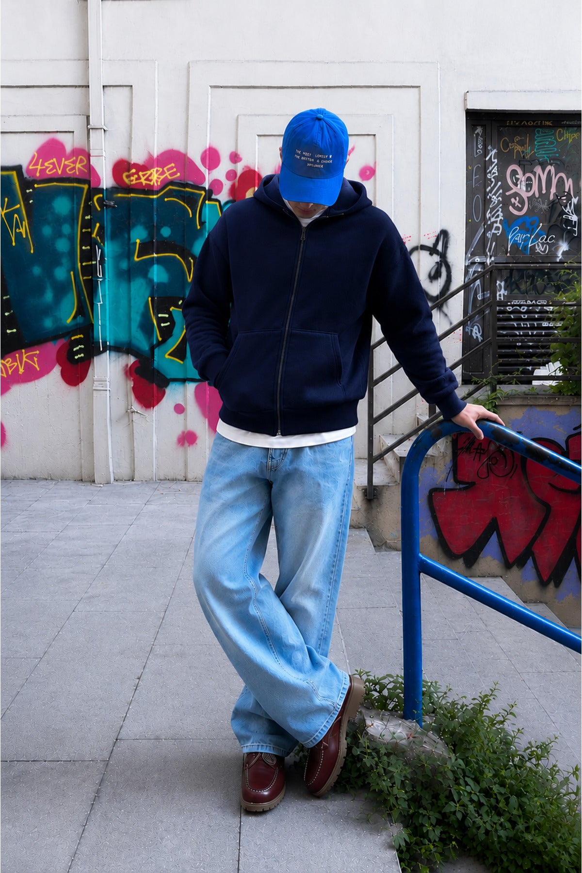 Erkek Oversize Kapüşonlu Fermuarlı Unisex Sweat Hırka Kalın Kumaş Günlük Kullanım - Lacivert - 2