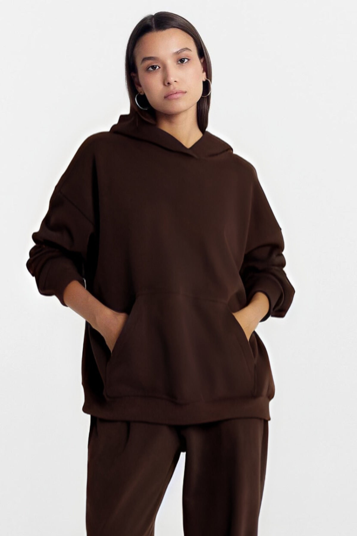 Kadın Baskısız Düz İ̇çi Şardonlu Kalın Kışlık Sweatshirt - Kahverengi - 3