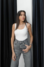 Kadin Fi̇ti̇lli̇ Esnek Kalin Askili Ti̇şört Atlet Body - Beyaz - 3