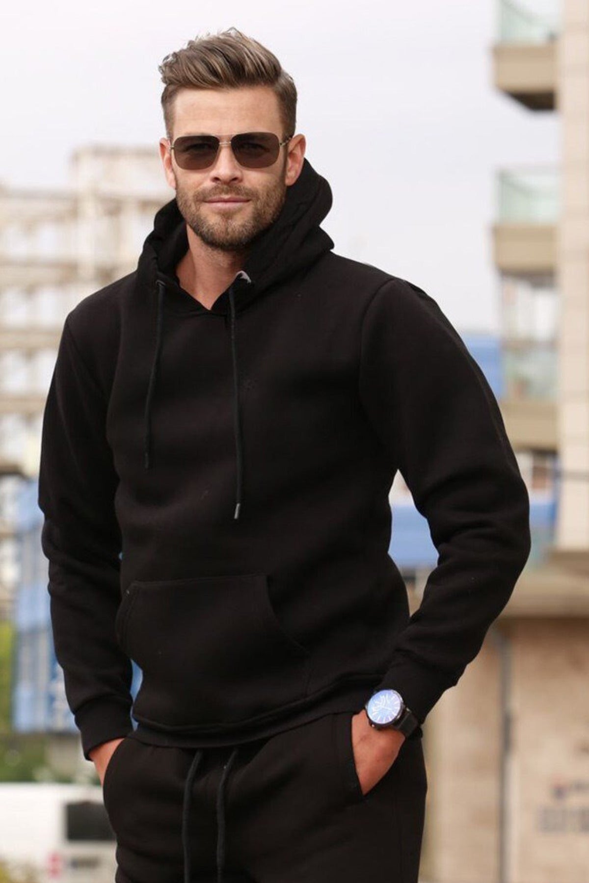 Erkek Bol Kesim Oversize 3 İ̇plik İ̇çi Pamuklu Şardonlu Kanguru Cep Kapşonlu Kışlık Hoodie Sweatshirt - Siyah - 1