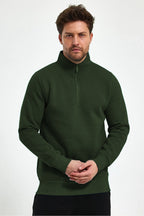 Erkek Yarım Fermuar Dik Yaka Uzun Kollu 3 İ̇plik Sweatshirt - Koyu Yeşil - 3