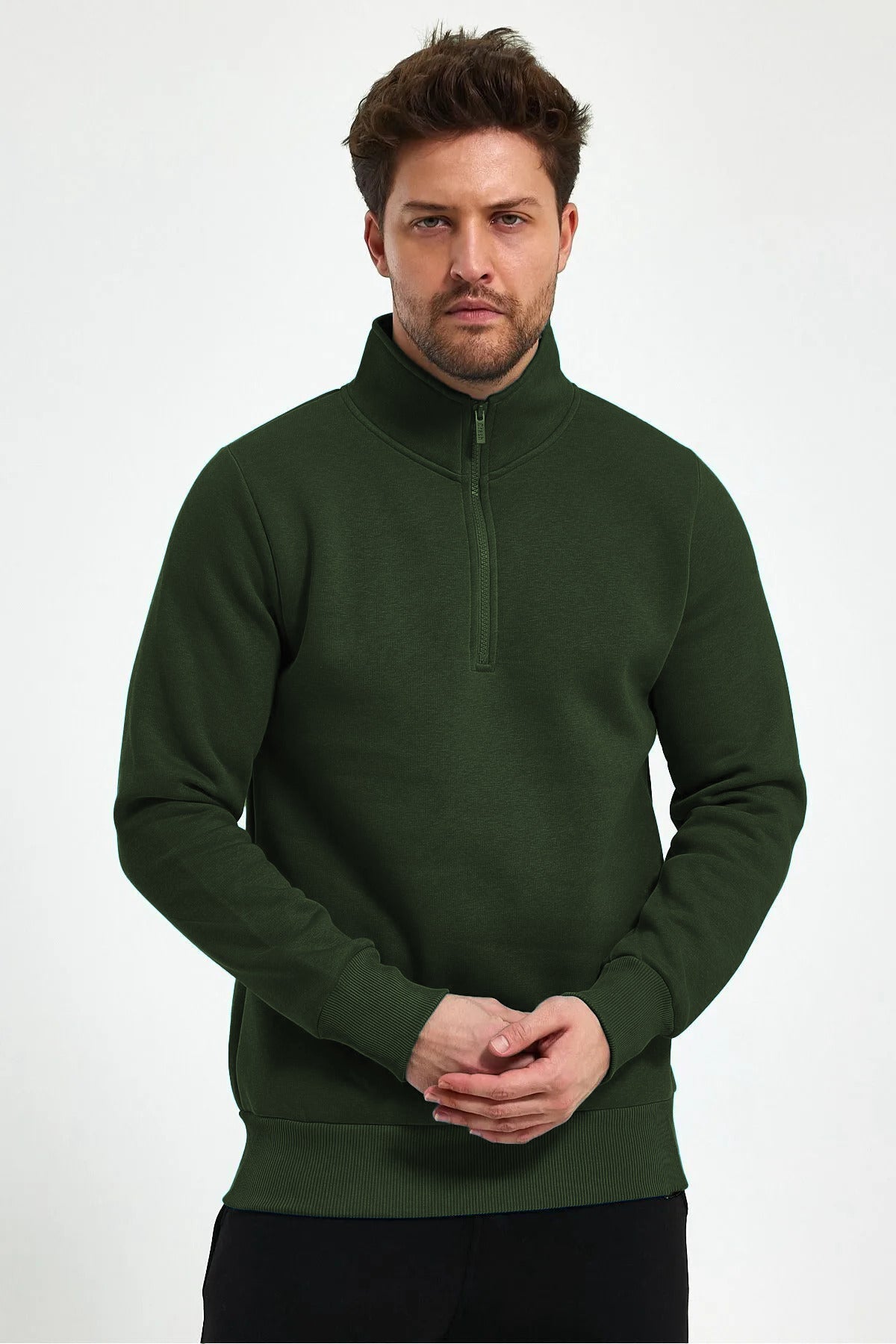 Erkek Yarım Fermuar Dik Yaka Uzun Kollu 3 İ̇plik Sweatshirt - Koyu Yeşil - 3