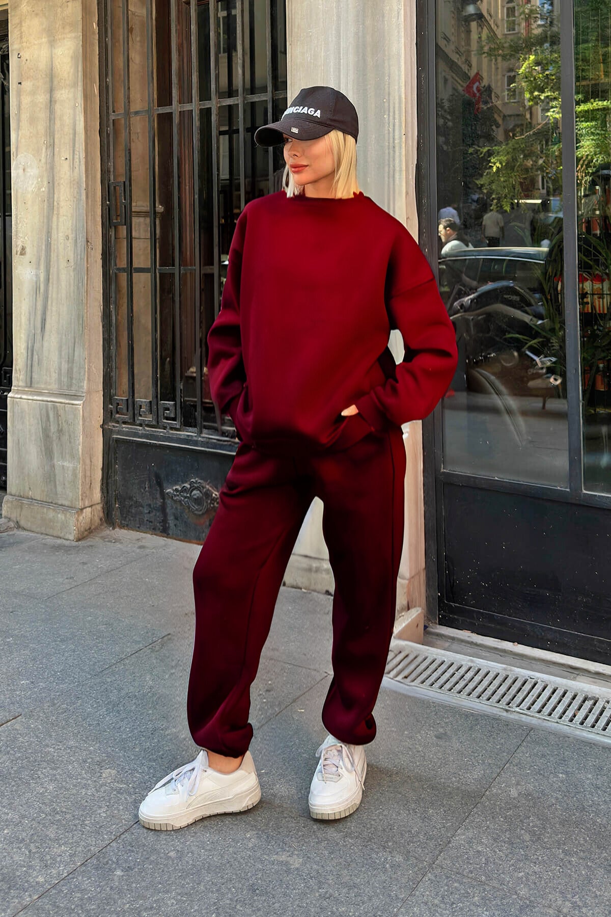 Kadın Oversize Puf Geniş Kalıp Basic Pamuklu Mevsimlik Rahat Eşofman Takımı - Bordo - 1
