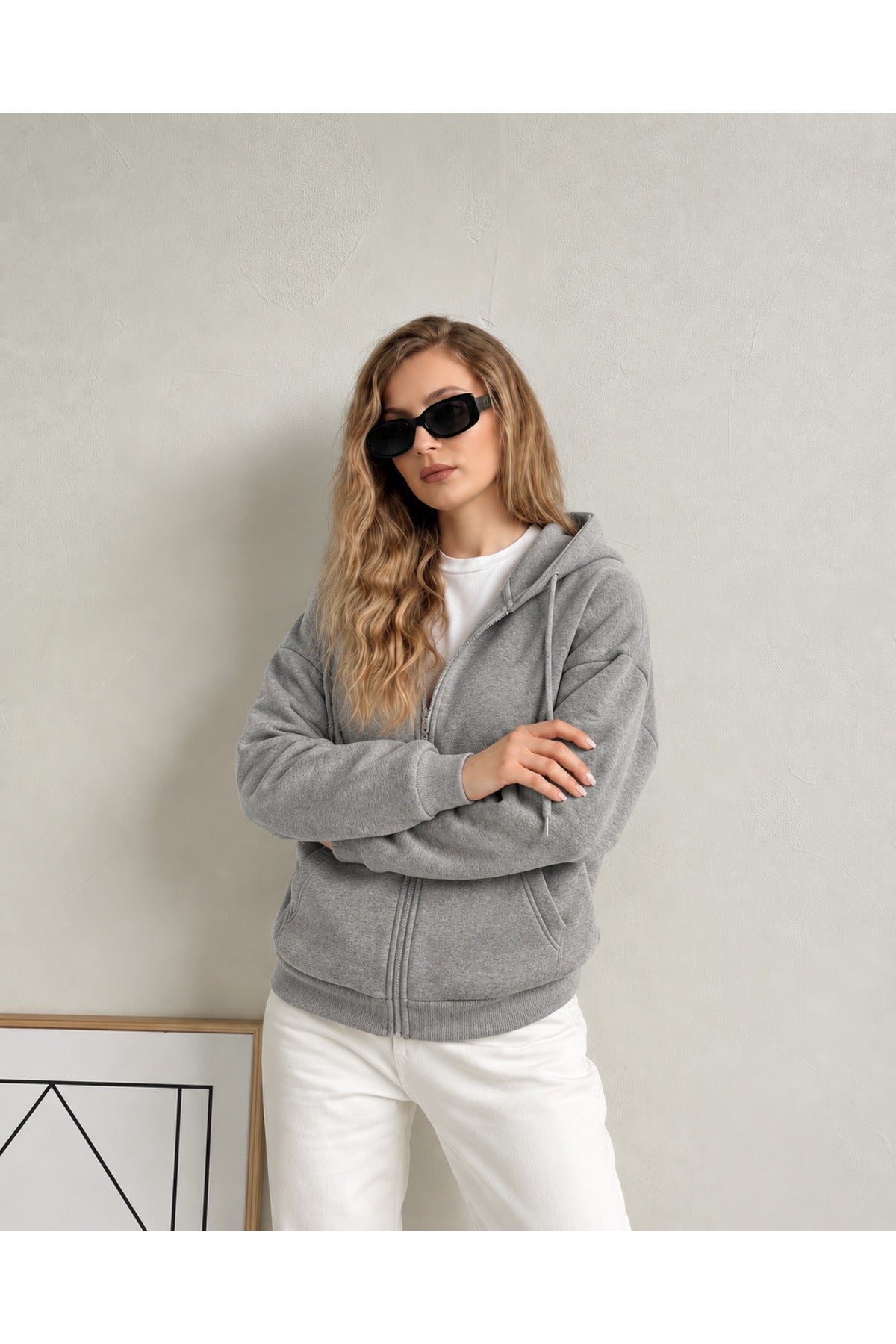 Kadin 3 İ̇pli̇k Kapüşonlu Fermuarli Oversi̇ze Sweatshirt Hirka - Gri Melanj - 3