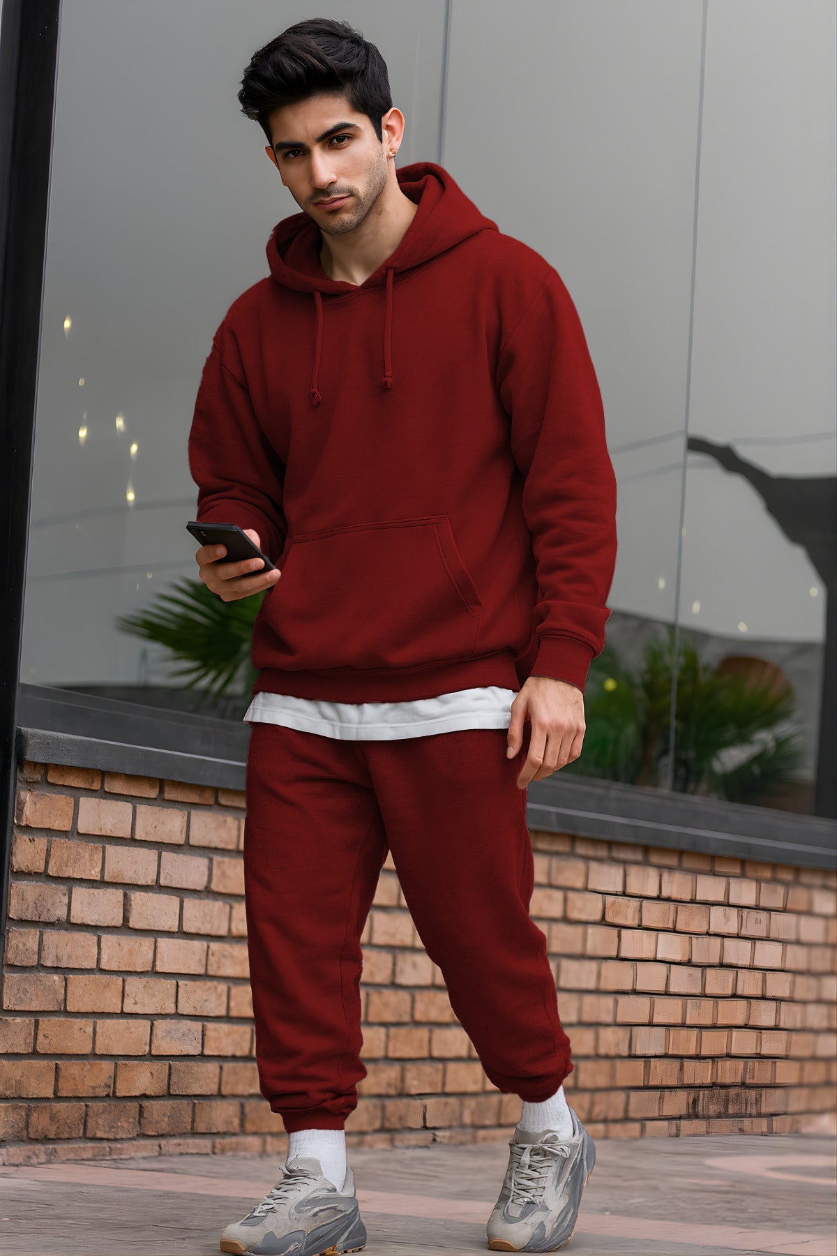 Erkek Oversize 3i̇pliki Şardonlu Basic Eşofman Takımı - Bordo - 2
