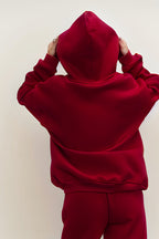 Kadın 3 İ̇plik İ̇çi Pamuklu Kanguru Cep Regular İ̇çi Pamuklu Oversize Sweatshirt - Bordo - 3