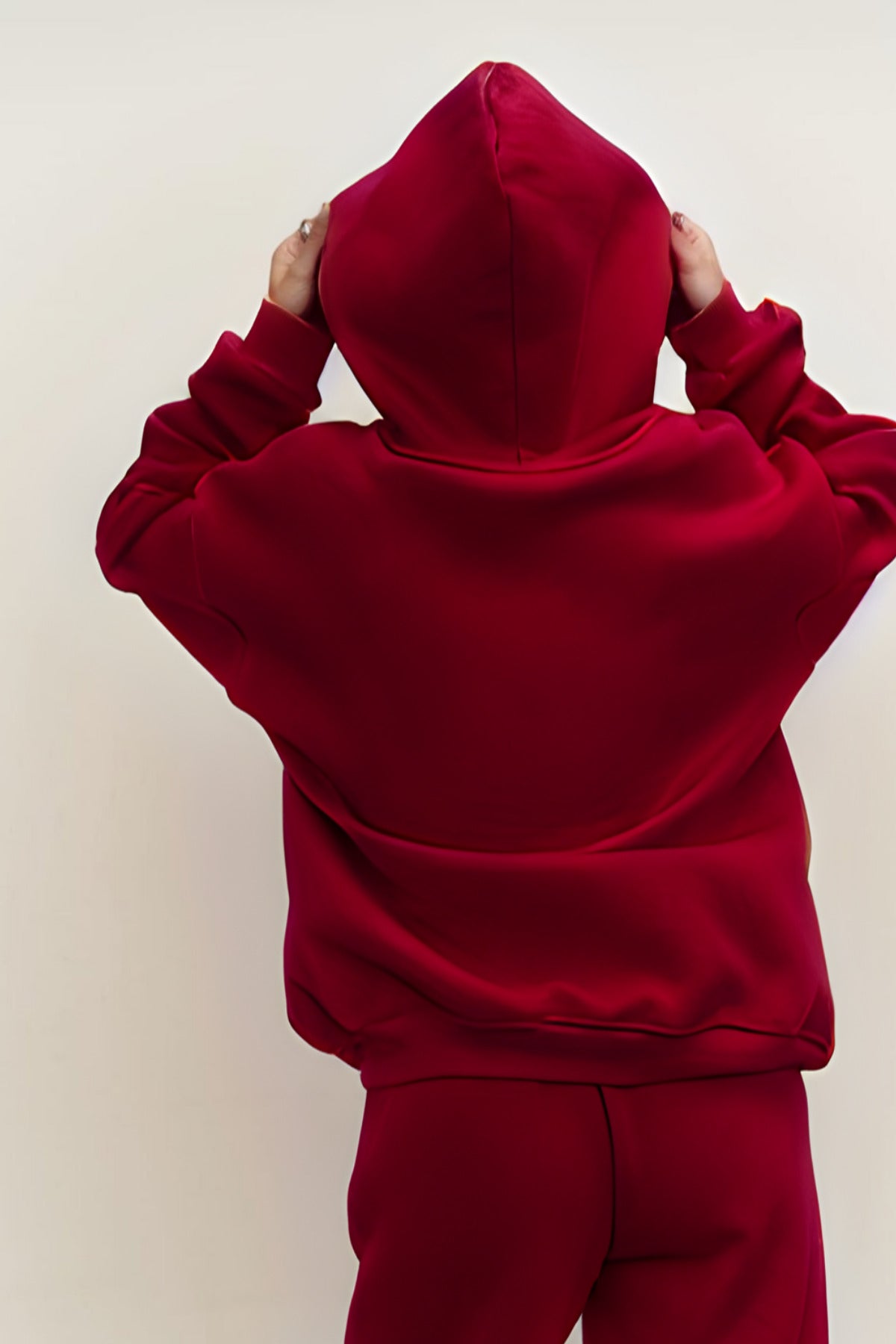 Kadın 3 İ̇plik İ̇çi Pamuklu Kanguru Cep Regular İ̇çi Pamuklu Oversize Sweatshirt - Bordo - 3