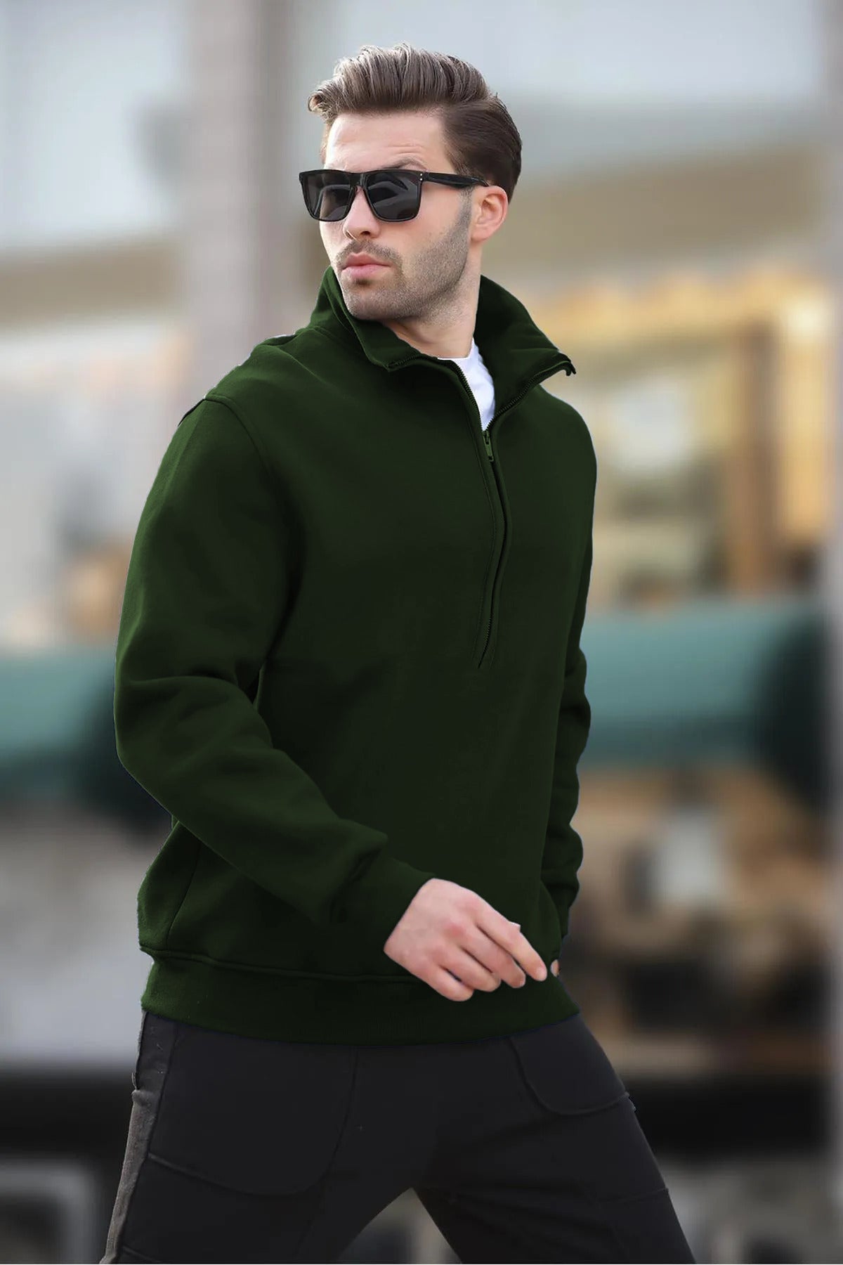 Erkek Yarım Fermuarlı Dik Yaka Oversize 3 İ̇plik Şardonlu Sweatshirt - Koyu Yeşil - 1