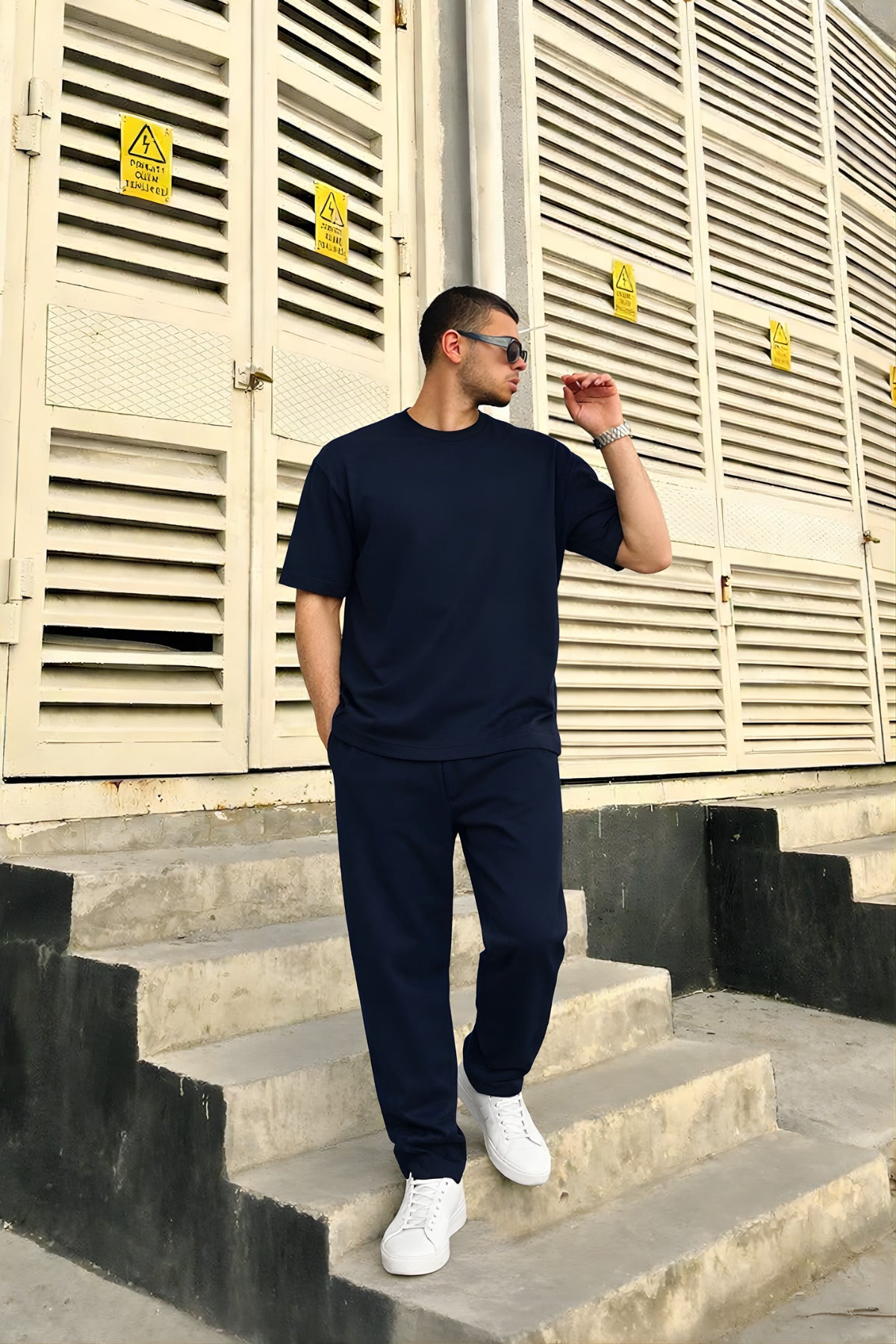 Erkek 2 İ̇pli̇k Oversize Beli̇ Bağlamali Yazlik Kisa Kollu Eşofman Takimi - Lacivert - 1